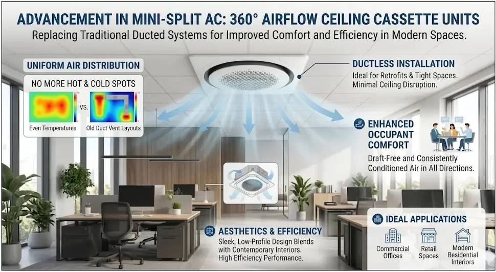 Advancement-in-Mini-Split-AC: 360° Airflow Ceiling Cassette Units