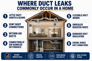 Where duct leaks commonly occur in a home