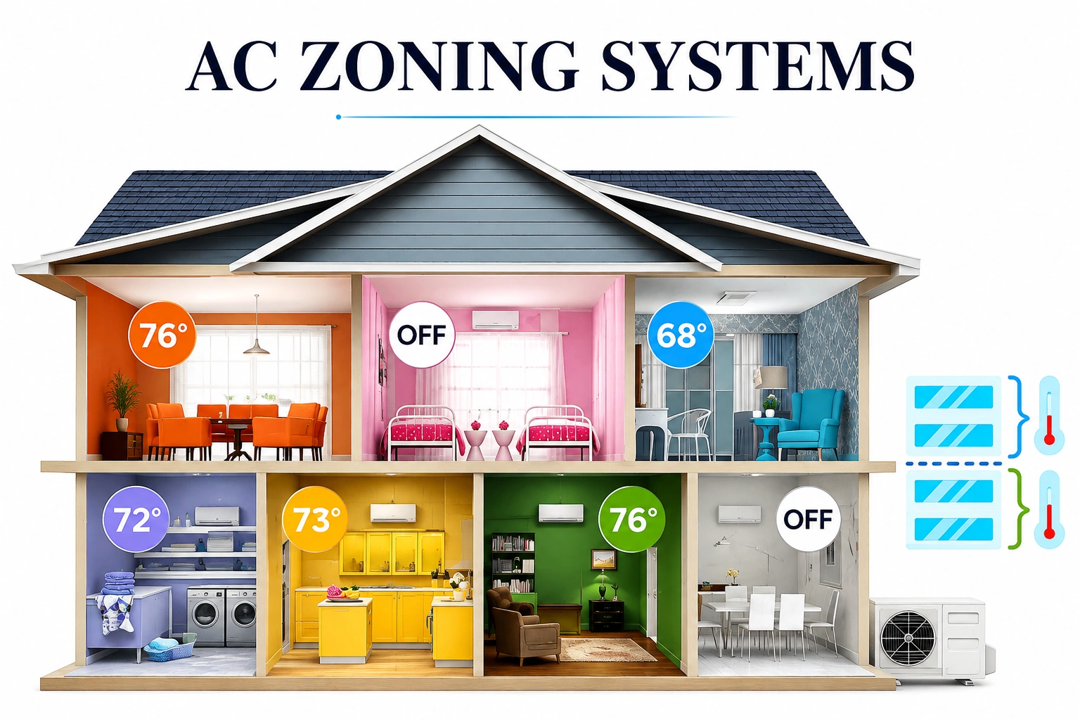 AC zoning system providing different temperatures in individual rooms