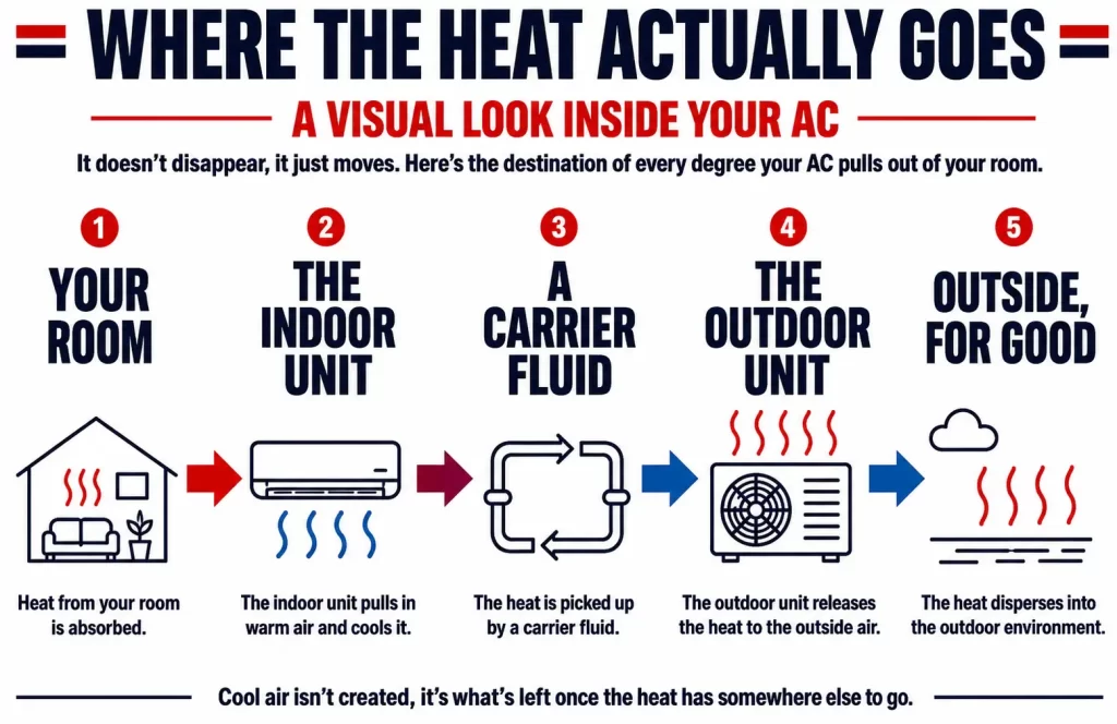 Infographic showing how an air conditioner removes heat from a room and releases it outdoors