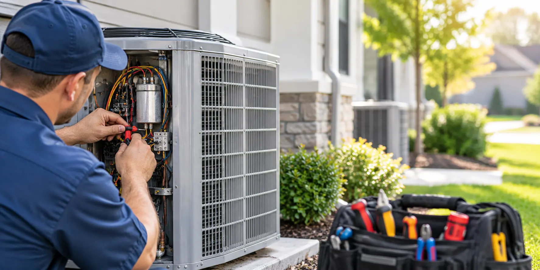 HVAC technician inspecting an outdoor air conditioning unit to identify HVAC components that fail most often